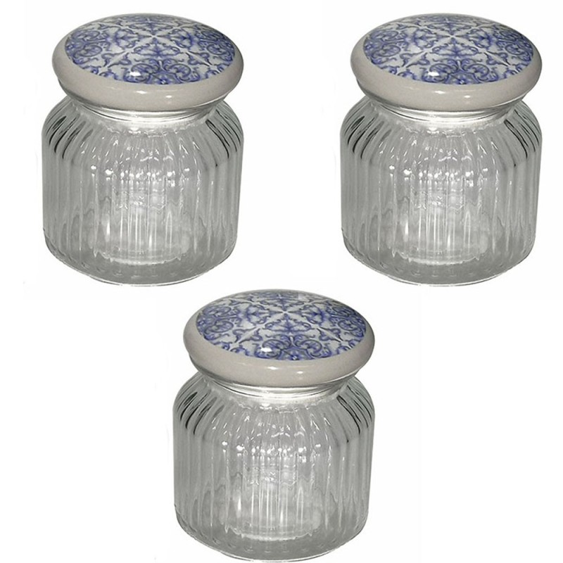 Tris barattoli contenitori porta sale zucchero caffè in blu per casa cucina  vetro con tappo ceramica decorato moderno vintage