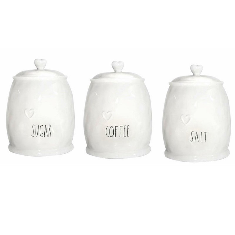 Tris barattoli bianco decoro cuore contenitori porta sale zucchero caffè  spezie per casa cucina in ceramica moderno