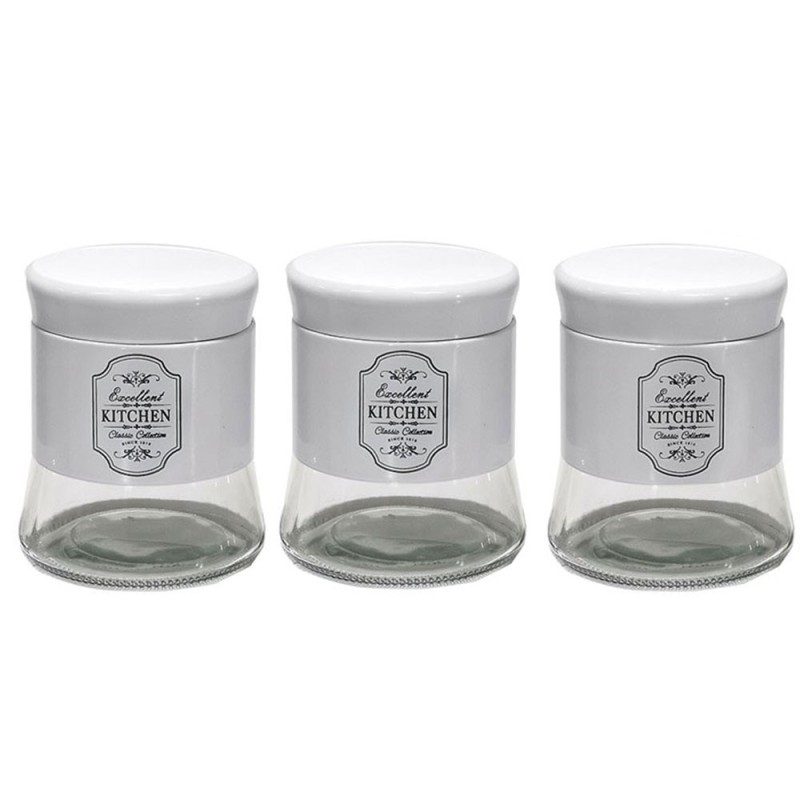 Tris barattoli bianco contenitori porta sale zucchero caffè per casa cucina  vetro e latta moderno e vintage ml 700