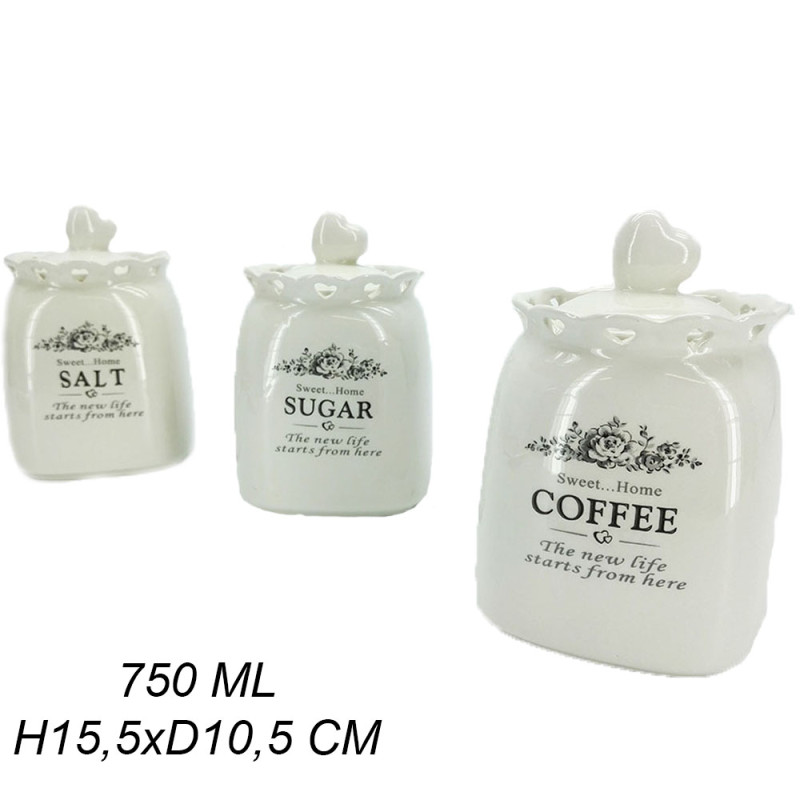 Tris barattoli bianco contenitori porta sale zucchero caffè spezie