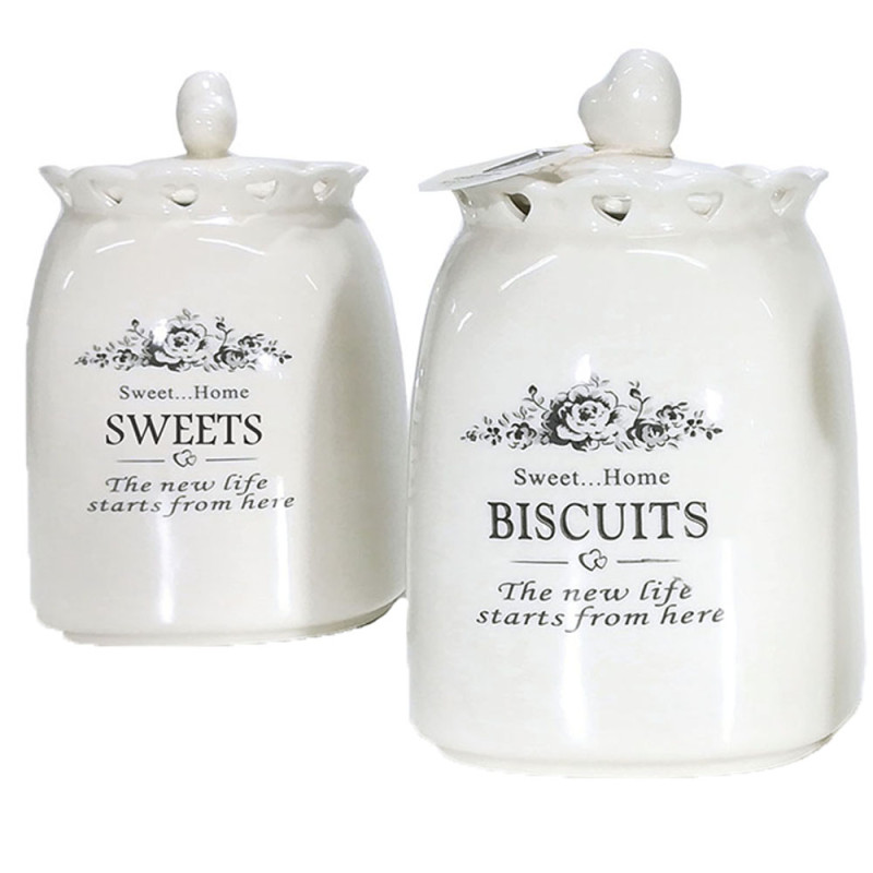Barattoli contenitori porta dolci biscotti sale zucchero caffè bianco set  da 5 decoro cuore per casa cucina in ceramica moderno