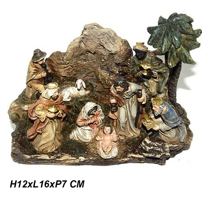 Nativita completa scena sacra famiglia con re maggi Gesu' Maria Giuseppe  pastore presepe completo h12xL16x7