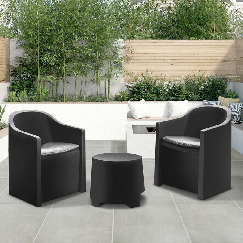 GYMAX Set Giardino Esterno In Rattan Da 3 Pezzi, Con 2 Poltrone E Tavolino Con Vano Contenitore, Set Mobili Con Cuscini Spessi Lavabili Da Giardino Balcone Cortile Terrazza